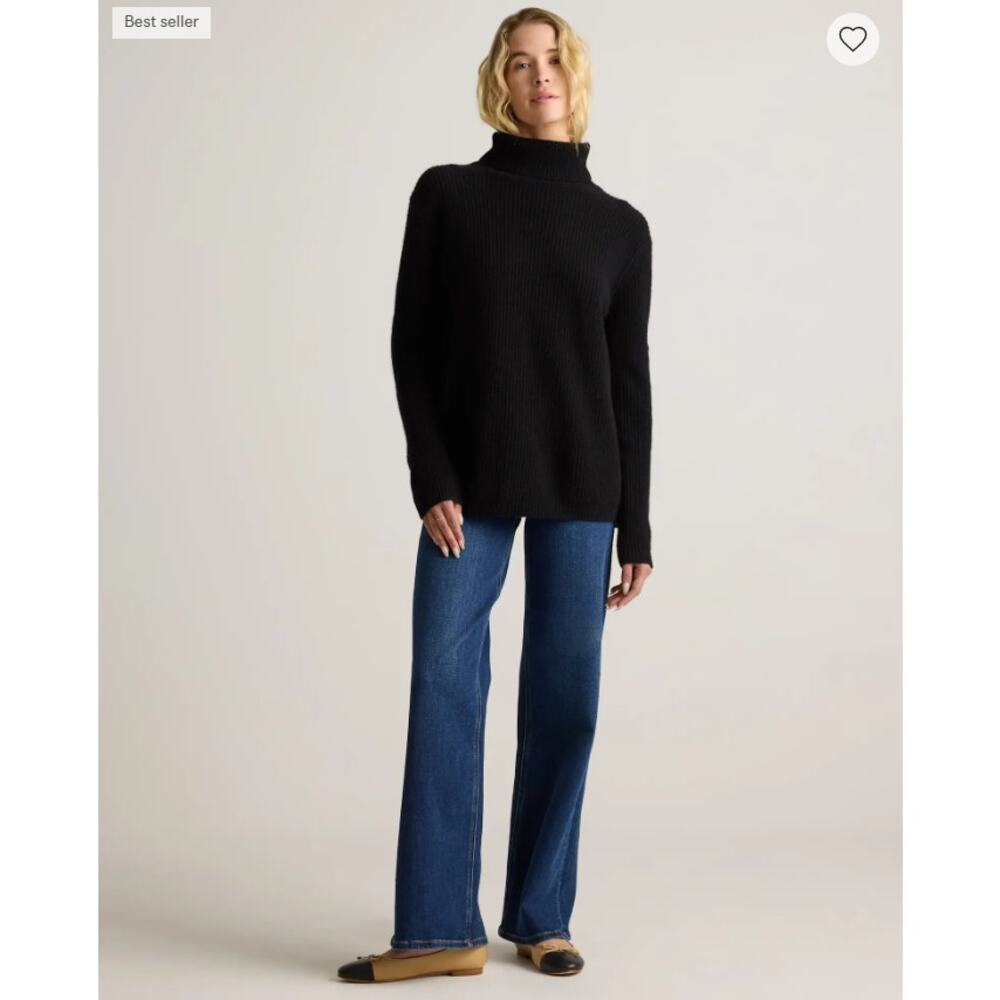 Quince Mongolian Cashmere Fisherman Turtleneck Sweater Black L NWT